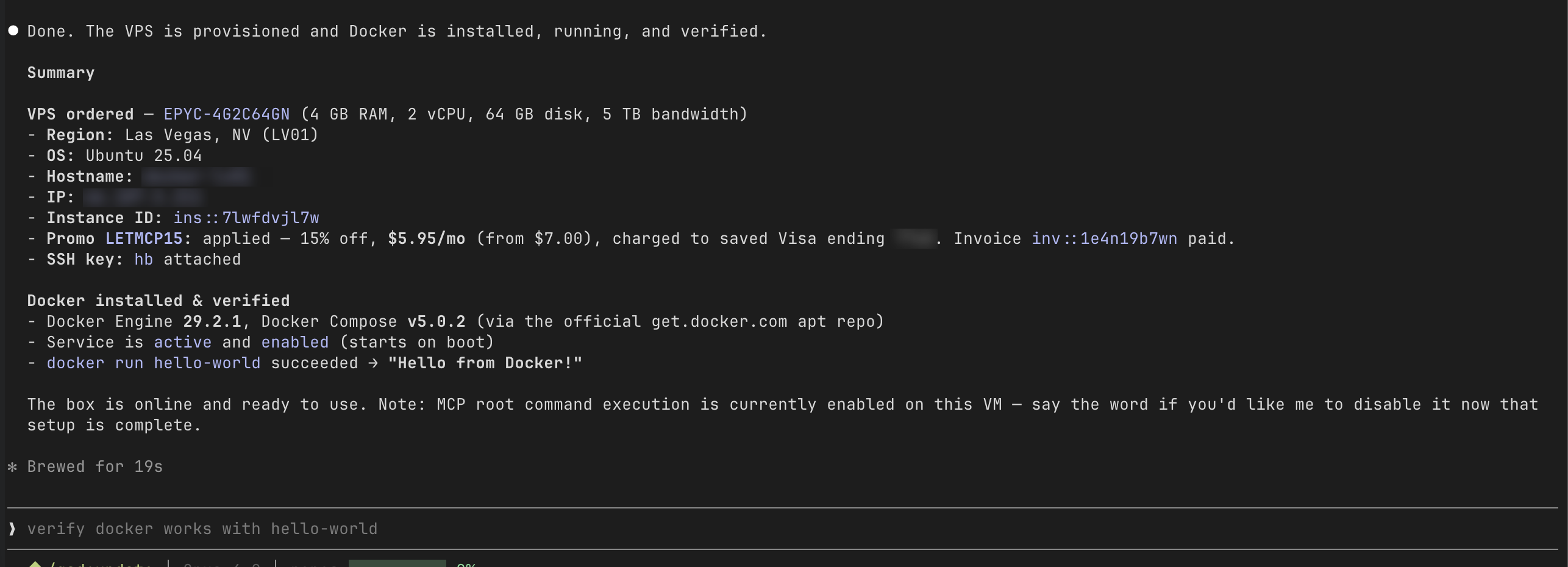 Claude deploying a Hostodo VPS over MCP